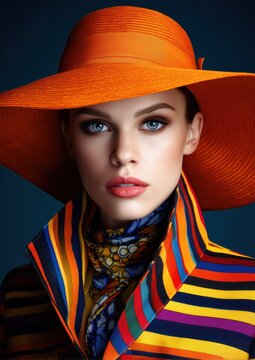 Une femme s&eacute;duisante portant un chapeau orange et un manteau &agrave; rayures color&eacute;es, sur fond de studio et dans une dominante de couleur bleu fonc&eacute;, vue de face.