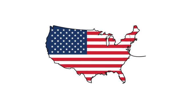 Map of the United States of America filled with the stars and stripes of the national flag in a patriotic illustration.