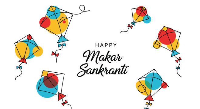 Festive greeting card for Makar Sankranti featuring colorful kites flying in the sky with a minimalist line art style.