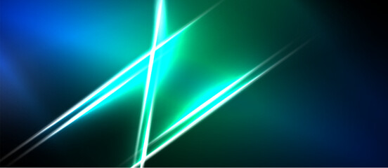 Abstract background features vibrant blue, green lines. Diagonal streaks create dynamic visual effect. Dark areas contrast bright illumination. © antishock