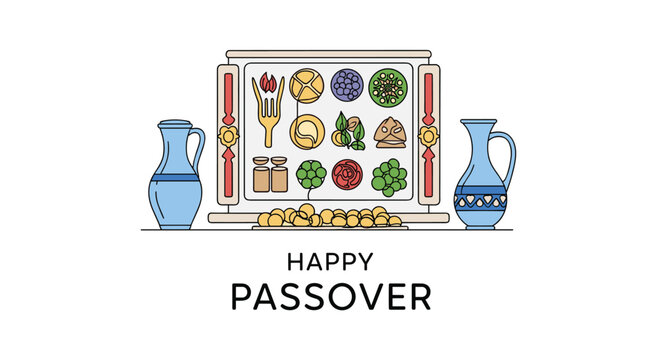 Passover Seder plate arrangement featuring symbolic food items and blue wine pitchers for the Jewish holiday celebration.