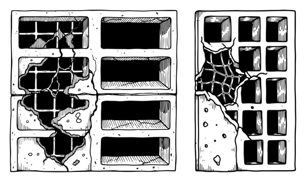 Ruined concrete blocks with cracks and exposed metal mesh in a detailed architectural ink drawing