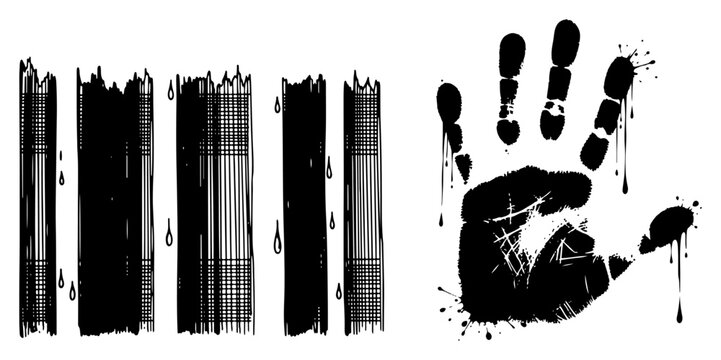 Gritty handprint silhouette with distressed vertical bars and splatter elements