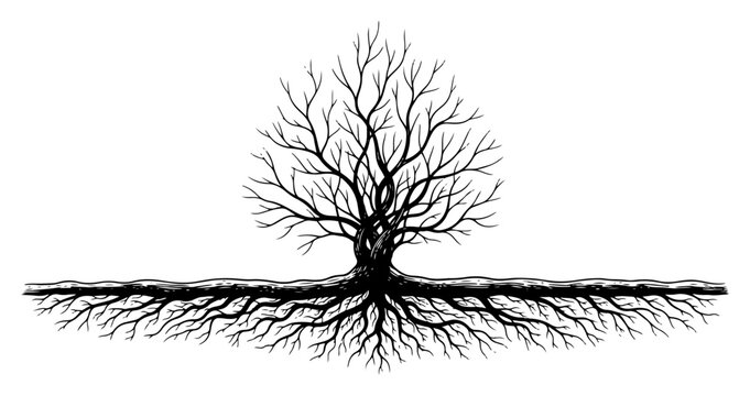 Detailed drawing of a leafless tree with deep roots spreading underground