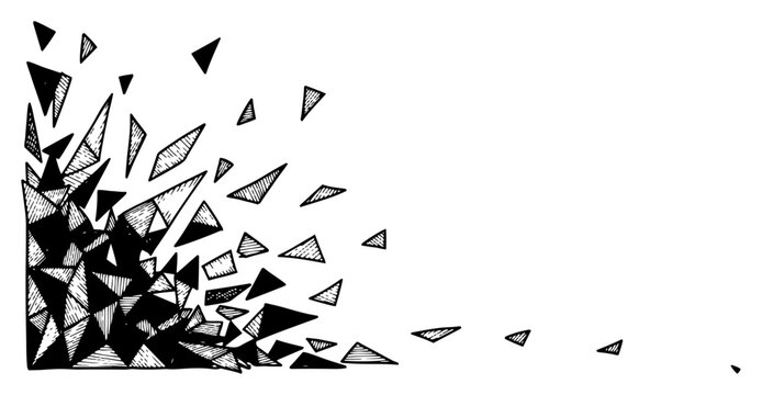 Hand drawn sketch of exploding geometric shards and sharp triangle fragments