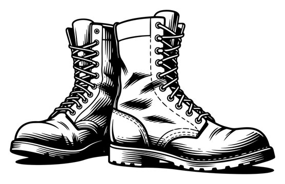 Hand drawn pair of heavy work boots or combat leather footwear