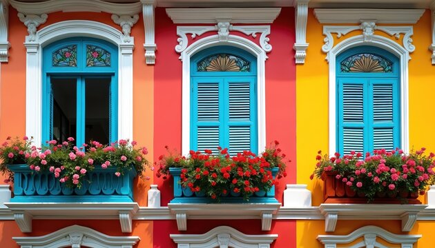 Colorful Peranakan shophouses feature bright facades with ornate blue windows. Rich flower boxes overflow with pink and red blooms, adding vibrant beauty to the traditional buildings.