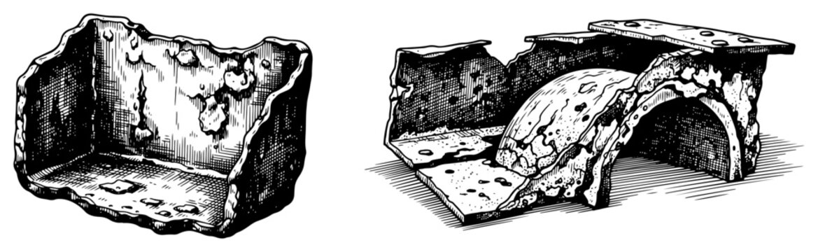 Vintage style hand drawn illustration of heavily rusted and damaged industrial metal components
