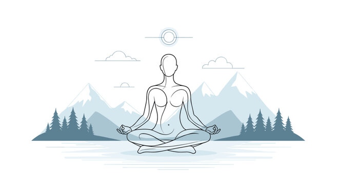 Peaceful scene of a person meditating in a lotus pose against a background of snowy mountains and pine forests.