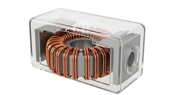 Electronic toroidal inductor component inside transparent protective case for engineering visualization