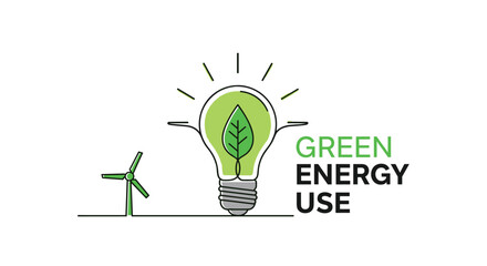 Green energy light bulb with a leaf inside stands next to a wind turbine in a simple line drawing representing eco friendly power and sustainability. © Sheikh