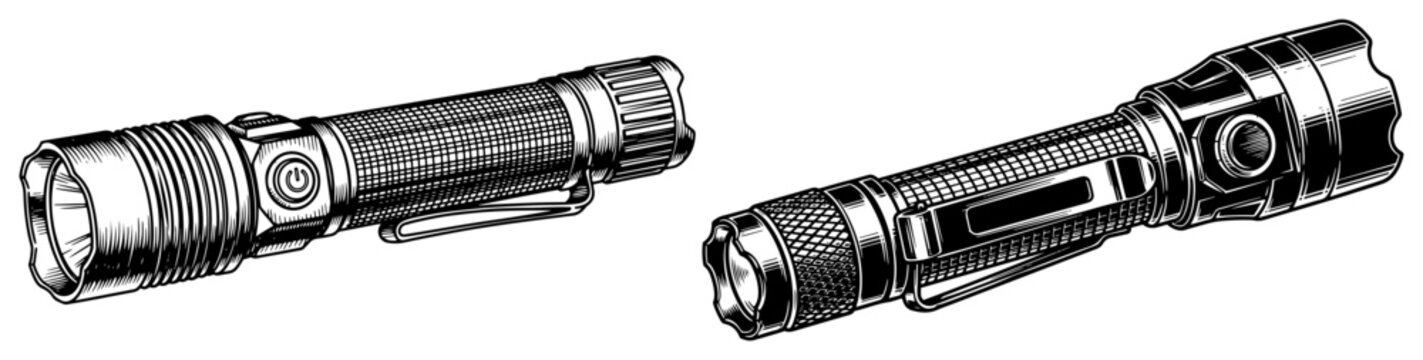 Set of two tactical metal flashlights with textured grip in detailed engraving style