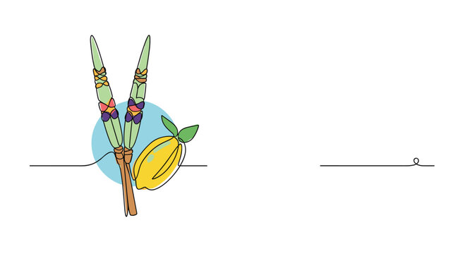 Traditional lulav and etrog used during the Jewish holiday of Sukkot shown in a simple line drawing style over a blue circle on a white background.