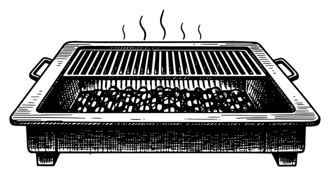 Vintage hand drawn rectangular barbecue grill with hot burning coals and smoke