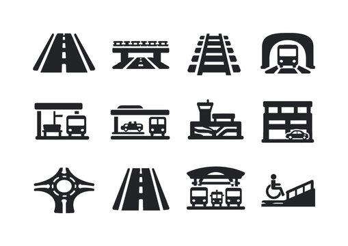 Solid vector icons of urban transportation infrastructure: highway, overpass, railtrack, metrostation, busstop, platform,