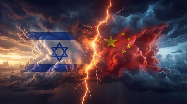 Israeli and Chinese flags are torn apart by lightning in an apocalyptic storm, tension of conflict
