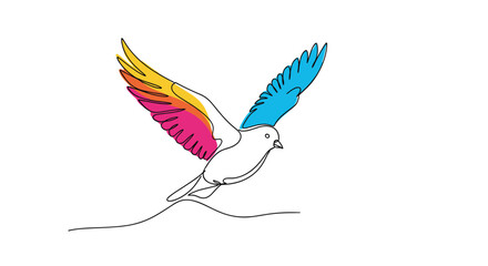 Obraz premium Graceful bird flying with colorful blue and pink outstretched wings depicted in a continuous line art drawing on a clean white background.