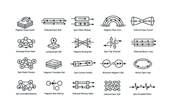 Line vector icons of spintronic signal architecture: magnetic torque switches, polarized spin rails, spin-valve modules,