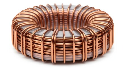Toroidal coil with copper wire wound around gray core and wire leads