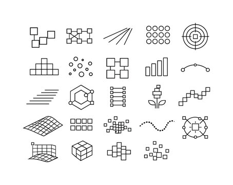 Digital Pixel Architecture. Line vector icons of the pixel as a basic building block of digital worlds: pixel-unit nodes, raster
