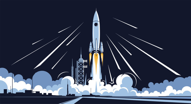 Powerful space rocket taking off into the dark night sky with smoke and fiery exhaust in a detailed and creative pixel art style.