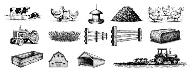 Large collection of hand drawn farm and agriculture illustrations featuring livestock and machinery © Cristiano
