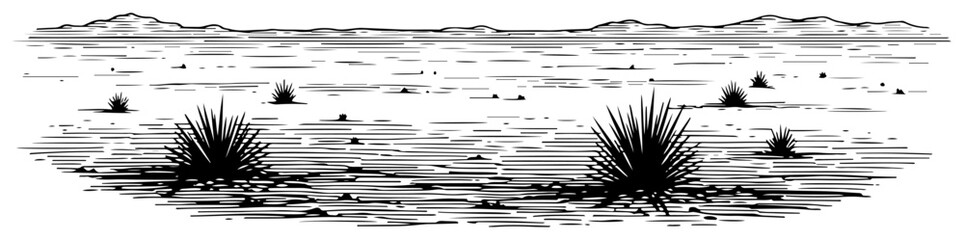 Wide desert plain landscape with shrubs and distant mountains in engraving style © Cristiano