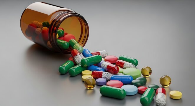 Colorful assortment of pills spilled from a tipped prescription bottle