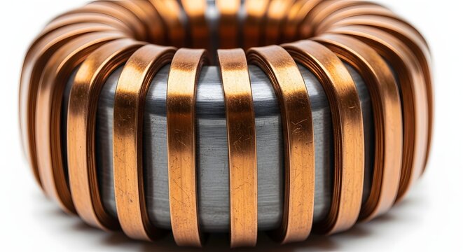 Close up of copper wire wound around metal core on white background