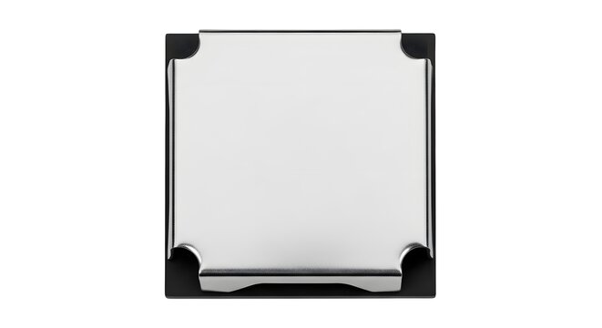 Square silver paper holder with black frame and silver clips on white background