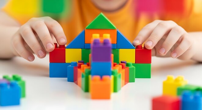 Child's hands building a colorful house with interlocking plastic blocks on a white table