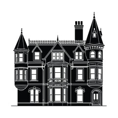 Detailed black and white illustration of a victorian style house with turrets © MSTSHAHANARA