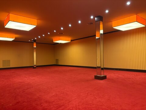 Large empty conference or event hall with red carpet floor, modern ceiling lights and elegant interior design. Spacious venue suitable for corporate meetings, conventions, exhibitions, presentations o