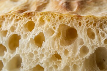 Close-up view showing the texture of bread crust with air holes and alveoli structure captured in a kitchen at midday