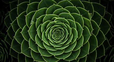 Fototapeta premium Close-up of a vibrant, symmetrical succulent plant with layered green leaves, dark background