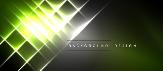 Abstract green light streaks form dynamic pattern. Dark background enhances bright geometric shapes, creating modern visual effect. © antishock