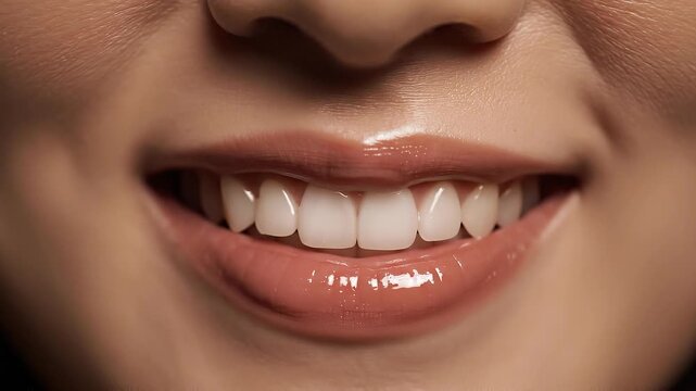 Close-up of Asian female smiling with glossy lips and white teeth, showcasing a gradual expression change in three sequential frames against a neutral background