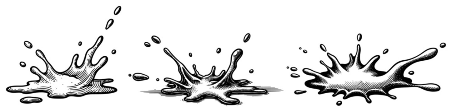 Three sequential liquid splashes showing movement in a vintage woodcut style