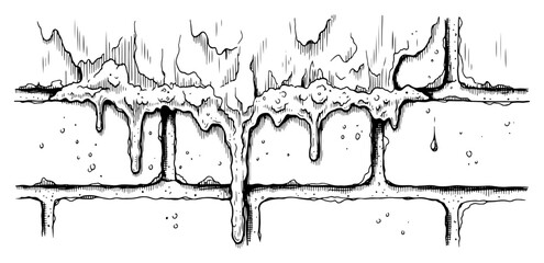 Old brick wall with thick liquid dripping down in a vintage engraving style © Cristiano