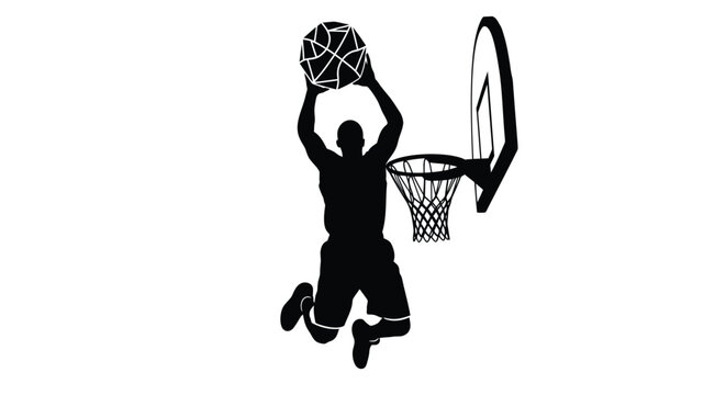 Vector silhouette of basketball player dunking ball