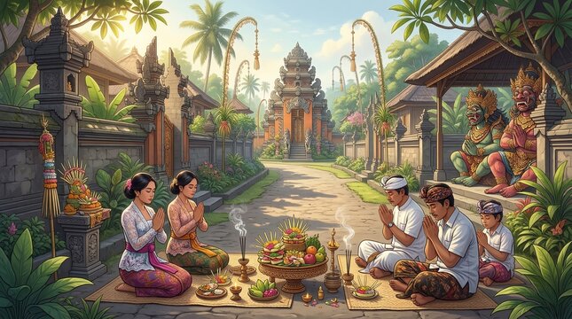 Balinese family praying with offerings for Nyepi Day or Saka New Year, AI generated illustration
