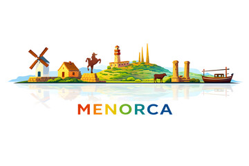 Menorca Landscape with ancient buildings, windmills, windmill and horses, spain