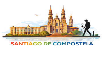 Obraz premium Santiago de Compostela - skyline silhouette. Colorful design, Spain. 