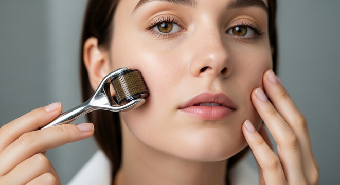 Woman using micro needling derma roller on face
