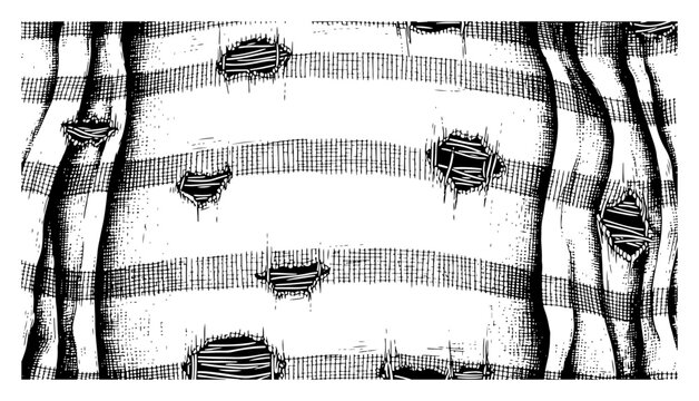 Striped cloth texture with multiple ragged holes and tears in a woodcut style