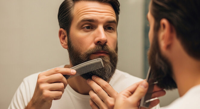 Handsome man combing his beard in the mirror