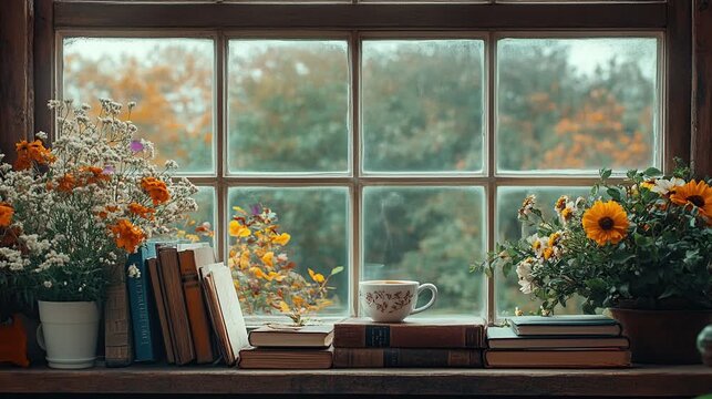 Cozy Window with Flowers Books and Coffee Cup Rustic Home Interior