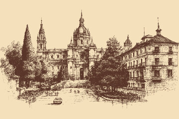 Fototapeta premium Seville Cathedral, Spain illustration in a vintage style. This vector illustration can be used in any size you like for advertising, logos, and other work. 