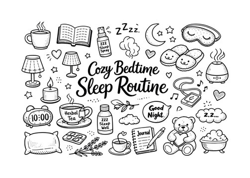 Cozy bedtime sleep routine, hand drawn doodle elements set, center hand-lettered title, black & white vector line art, bold clean