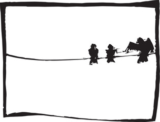 Obraz premium Woodcut style image of birds sitting on a wire